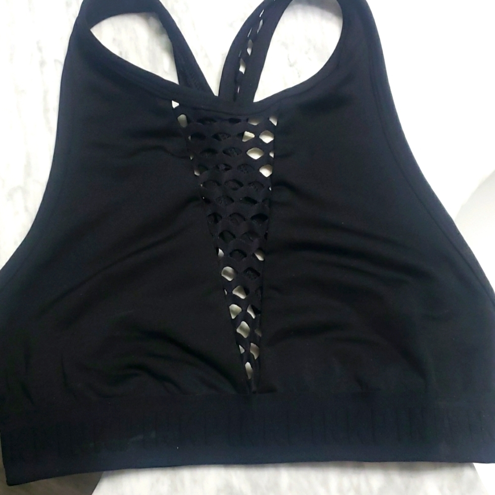 PINK black high neck mesh racerback sports bra